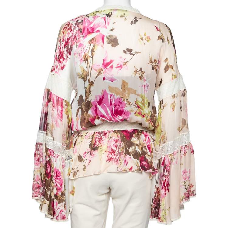 Pre Owned Roberto Cavalli Multicolored Floral Printed Silk & Lace Trimmed Blouse M
