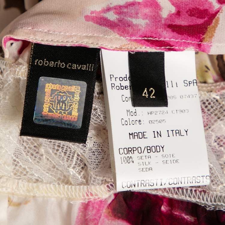 Pre Owned Roberto Cavalli Multicolored Floral Printed Silk & Lace Trimmed Blouse M