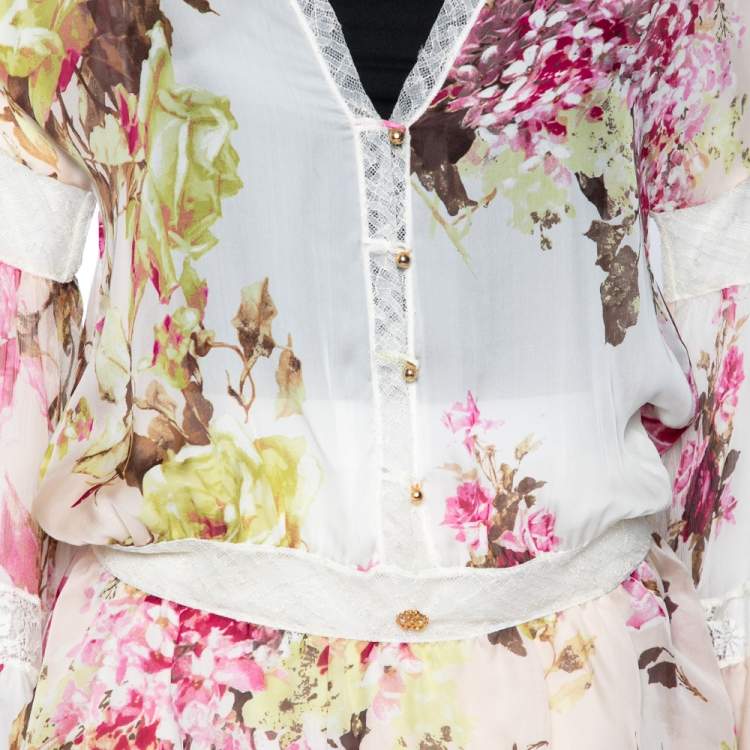 Pre Owned Roberto Cavalli Multicolored Floral Printed Silk & Lace Trimmed Blouse M