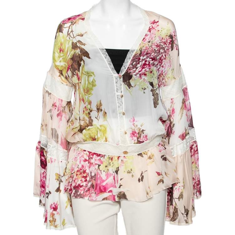 Pre Owned Roberto Cavalli Multicolored Floral Printed Silk & Lace Trimmed Blouse M