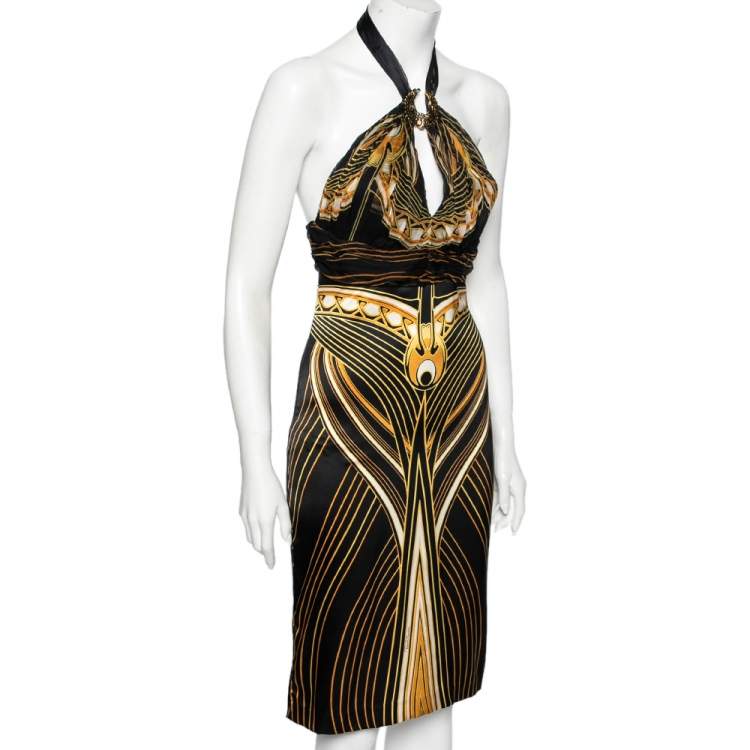 Pre Owned Roberto Cavalli Black Printed Silk Jersey Halter Neck Mini Dress M
