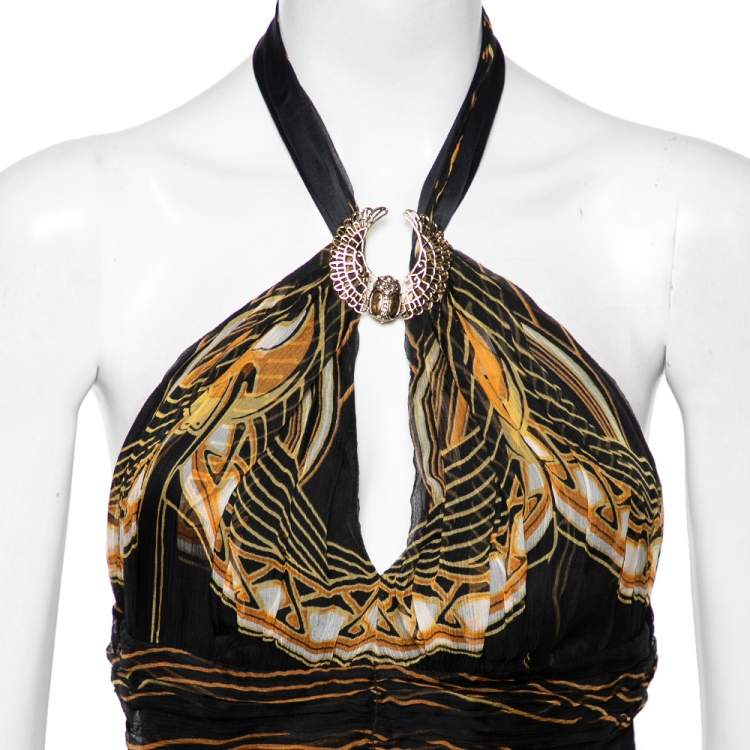 Pre Owned Roberto Cavalli Black Printed Silk Jersey Halter Neck Mini Dress M
