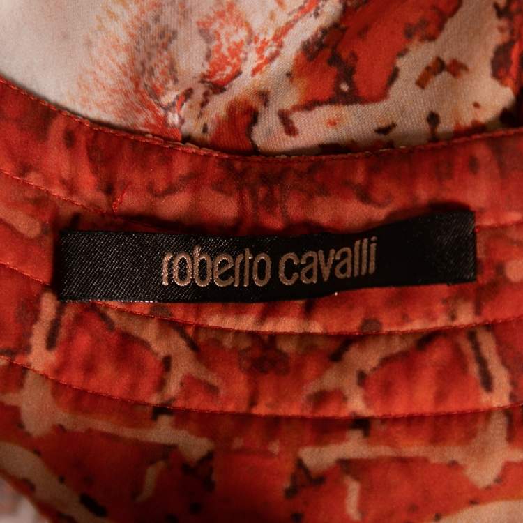 Pre Owned Roberto Cavalli Orange & White Printed Silk Drawstring Detail Kaftan Blouse S