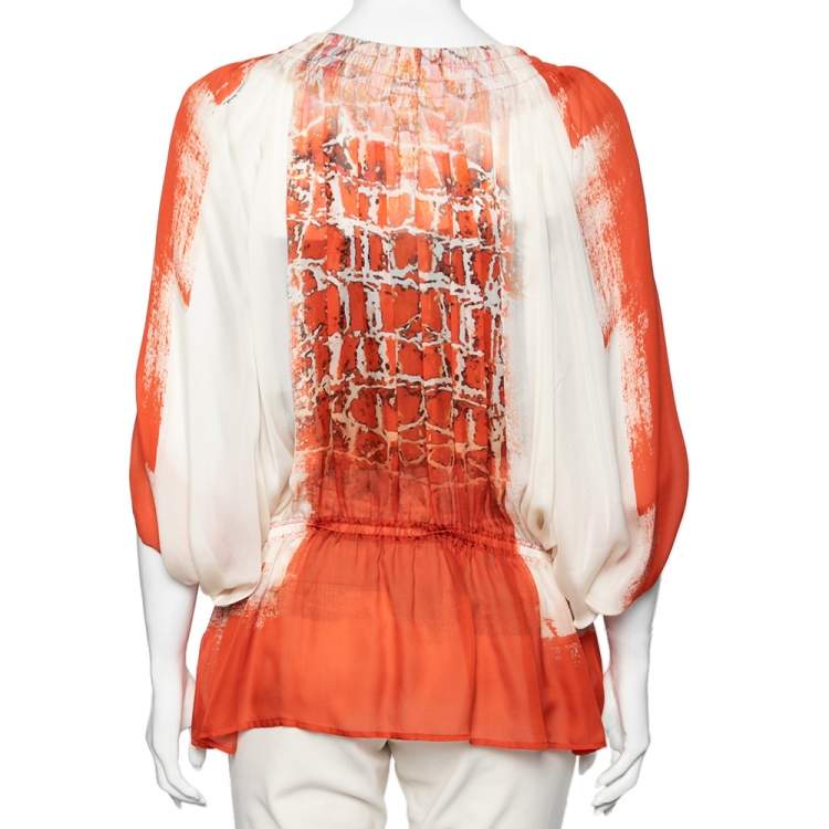 Pre Owned Roberto Cavalli Orange & White Printed Silk Drawstring Detail Kaftan Blouse S