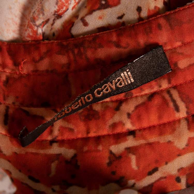 Pre Owned Roberto Cavalli Orange & White Printed Silk Drawstring Detail Kaftan Blouse S
