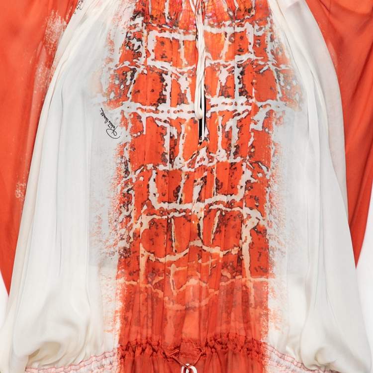 Pre Owned Roberto Cavalli Orange & White Printed Silk Drawstring Detail Kaftan Blouse S