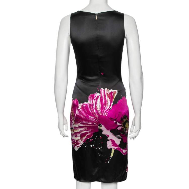 Pre Owned Roberto Cavalli Black Floral Printed Silk Sleeveless Dress S