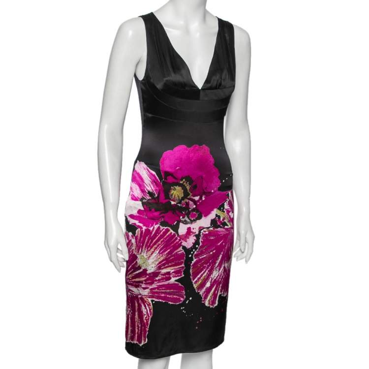 Pre Owned Roberto Cavalli Black Floral Printed Silk Sleeveless Dress S