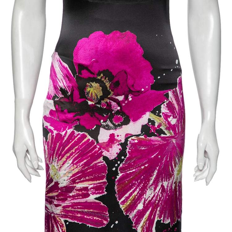Pre Owned Roberto Cavalli Black Floral Printed Silk Sleeveless Dress S