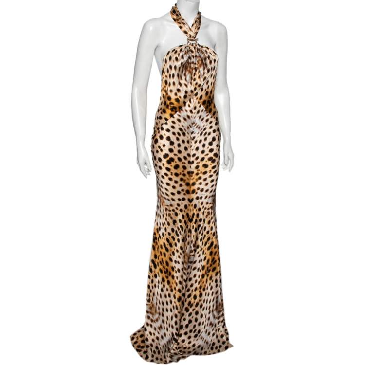 مملوكة مسبقًا Roberto Cavalli Multicolored Animal Printed Silk Halter Neck Dress S