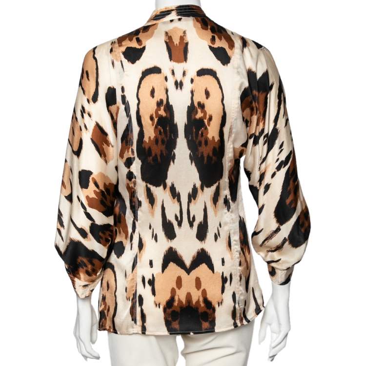 Pre Owned Roberto Cavalli Beige Animal Printed Silk Ruffle Trimmed Blouse S