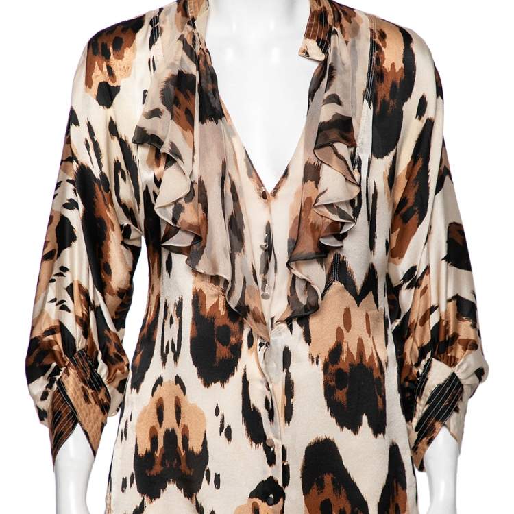 Pre Owned Roberto Cavalli Beige Animal Printed Silk Ruffle Trimmed Blouse S