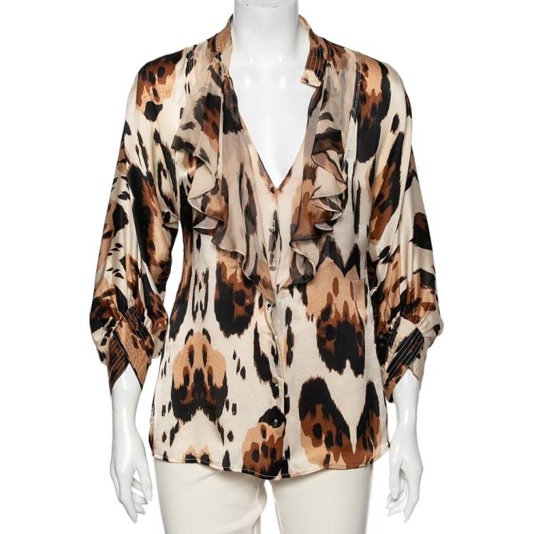 Pre Owned Roberto Cavalli Beige Animal Printed Silk Ruffle Trimmed Blouse S