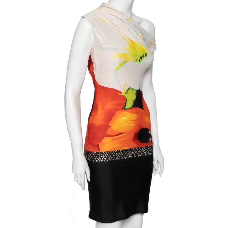مملوكة مسبقًا Roberto Cavalli Multicolored Printed Jersey Gathered Detail Dress S 