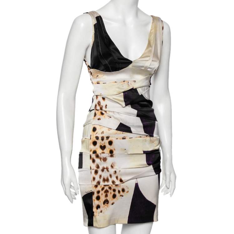 Pre Owned Roberto Cavalli Multicolored Printed Silk Tiered Sleeveless Dress M