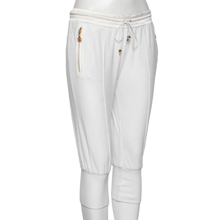 Pre Owned Roberto Cavalli White Cotton Rib Knit Detailed Cropped Joggers M