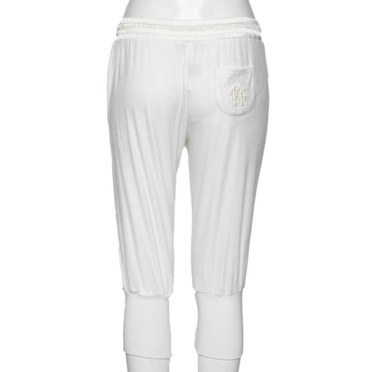 Pre Owned Roberto Cavalli White Cotton Rib Knit Detailed Cropped Joggers M