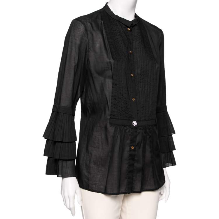 Pre Owned Roberto Cavalli Black Cotton Pintuck Detailed Button Front Tunic L
