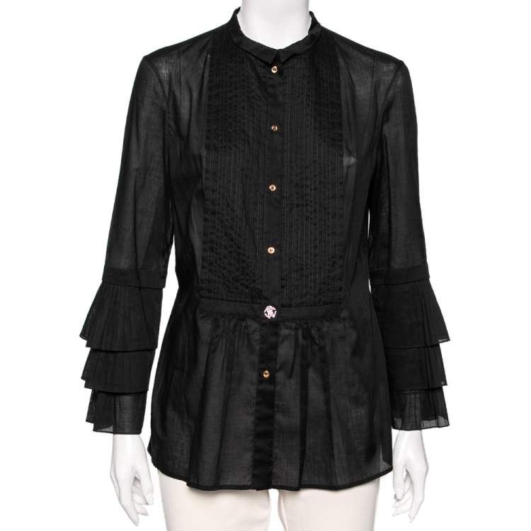 Pre Owned Roberto Cavalli Black Cotton Pintuck Detailed Button Front Tunic L
