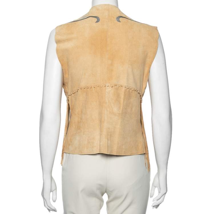 Pre Owned Roberto Cavalli Tan Suede & Sequin Embellished Fringed Vest M