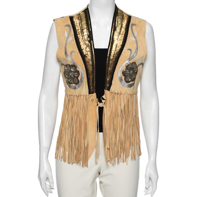 Pre Owned Roberto Cavalli Tan Suede & Sequin Embellished Fringed Vest M