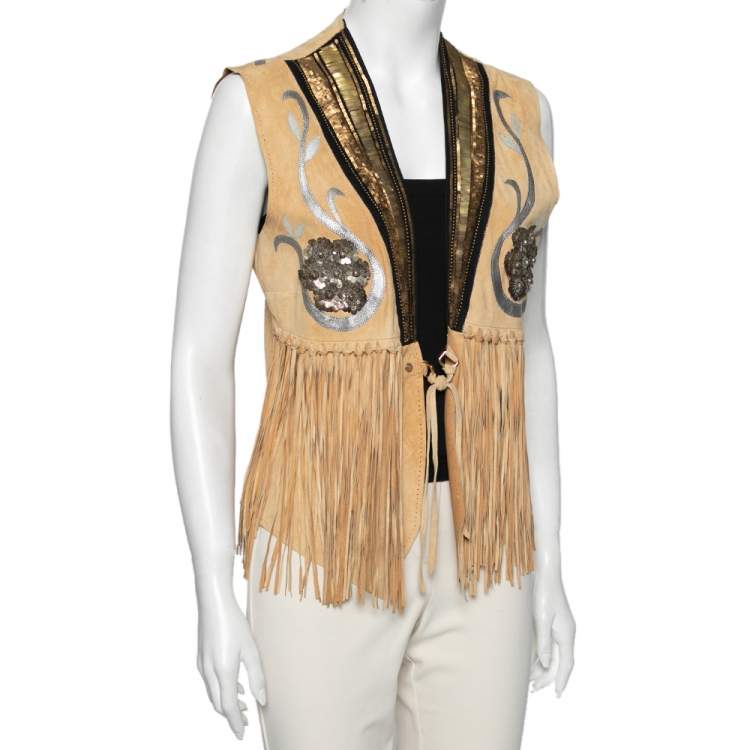 Pre Owned Roberto Cavalli Tan Suede & Sequin Embellished Fringed Vest M