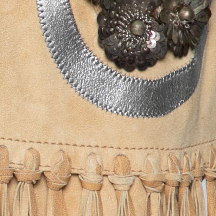 Pre Owned Roberto Cavalli Tan Suede & Sequin Embellished Fringed Vest M
