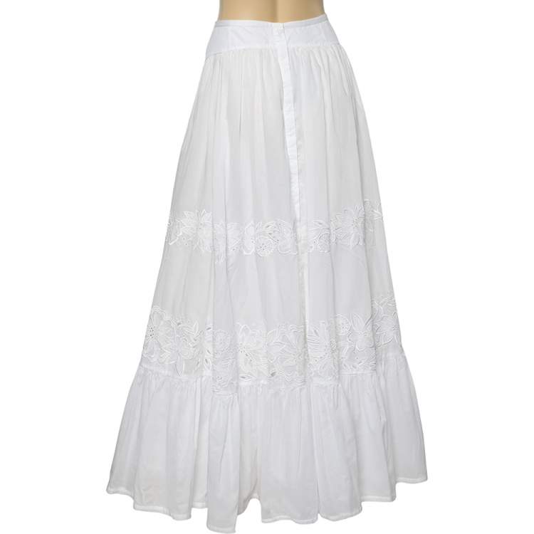 Pre Owned Roberto Cavalli White Cotton Lace Detail Maxi Skirt S