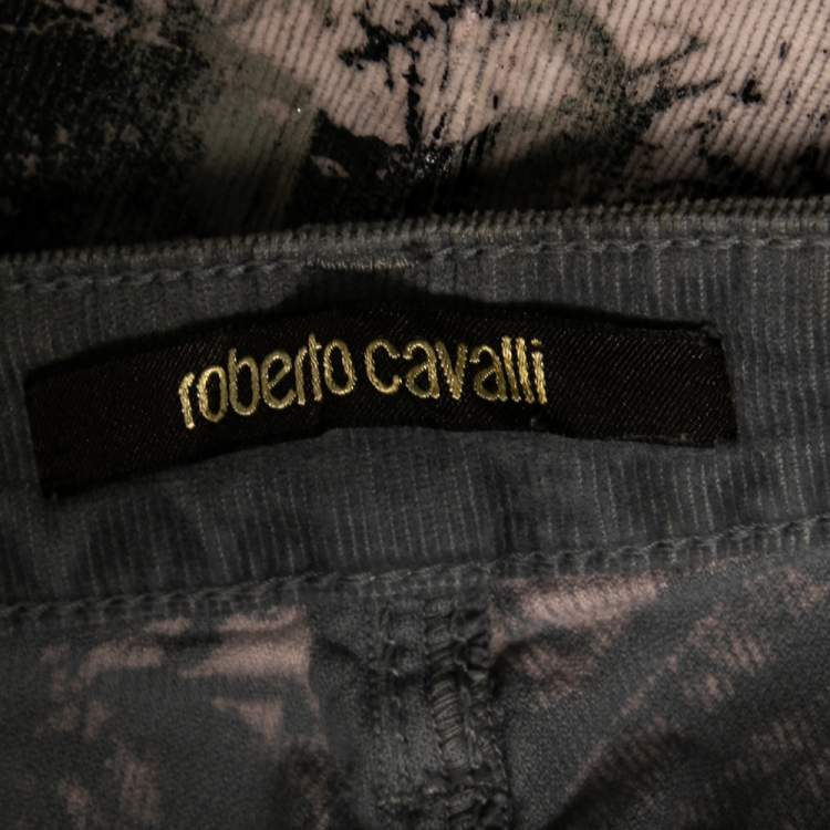 Pre Owned Roberto Cavalli Grey Printed Cotton Straight Pants M