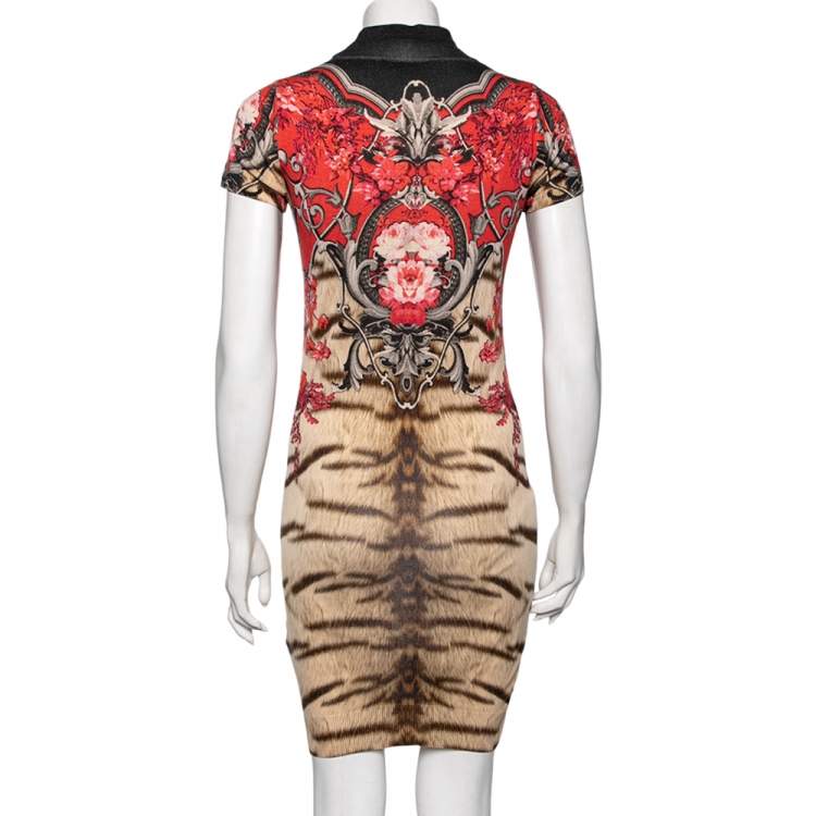 Pre Owned Roberto Cavalli Multicolored Printed Wool Mock Neck Detailed Dress S