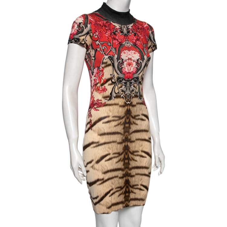Pre Owned Roberto Cavalli Multicolored Printed Wool Mock Neck Detailed Dress S