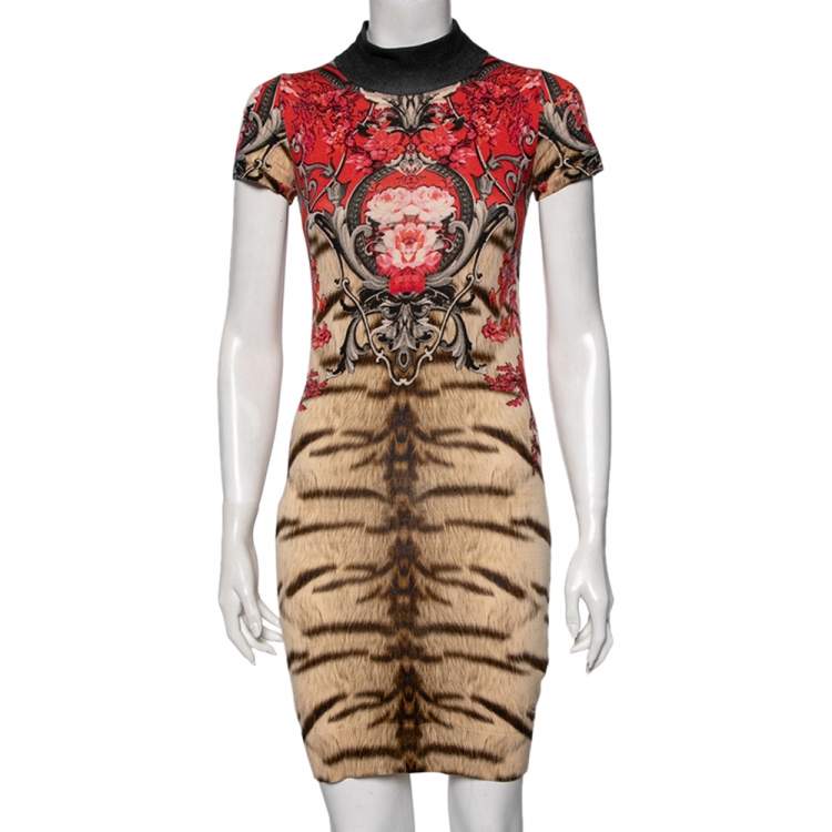Pre Owned Roberto Cavalli Multicolored Printed Wool Mock Neck Detailed Dress S