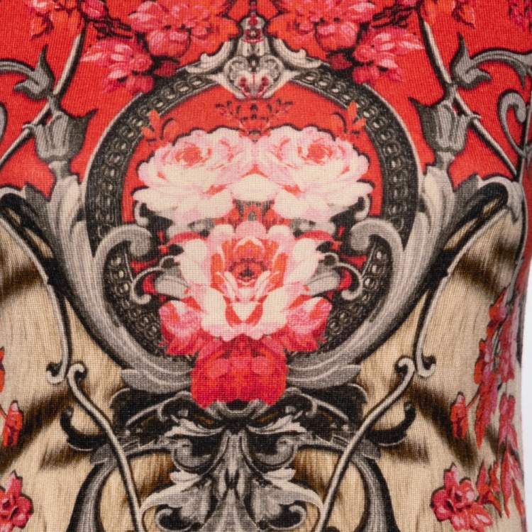 Pre Owned Roberto Cavalli Multicolored Printed Wool Mock Neck Detailed Dress S