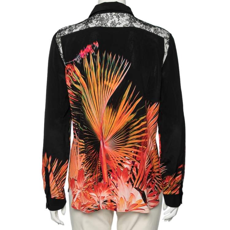 Pre Owned Roberto Cavalli Black Printed Silk & Lace Inset Detailed Button Front Shirt M