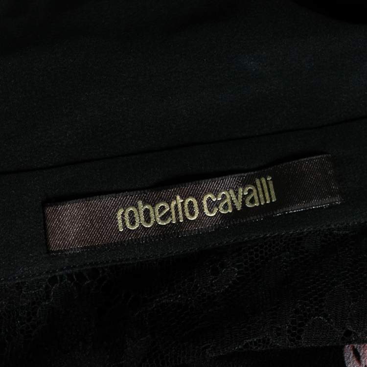 Pre Owned Roberto Cavalli Black Printed Silk & Lace Inset Detailed Button Front Shirt M
