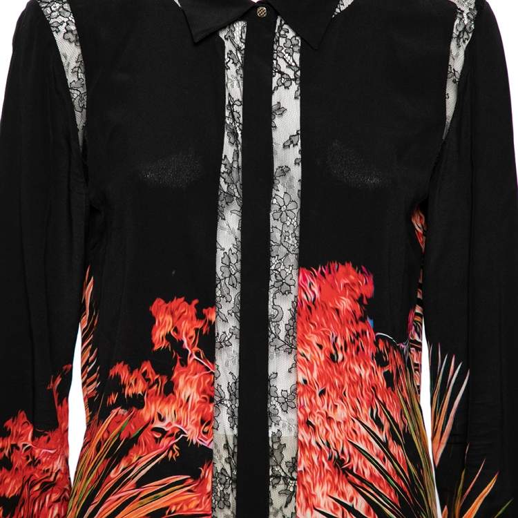 Pre Owned Roberto Cavalli Black Printed Silk & Lace Inset Detailed Button Front Shirt M