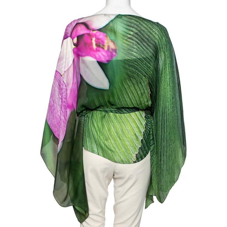 Pre Owned Roberto Cavalli Green Printed Asymmetrical Belted Kaftan Top M