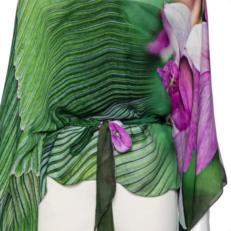 Pre Owned Roberto Cavalli Green Printed Asymmetrical Belted Kaftan Top M