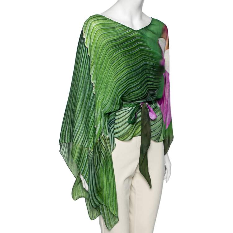 Pre Owned Roberto Cavalli Green Printed Asymmetrical Belted Kaftan Top M