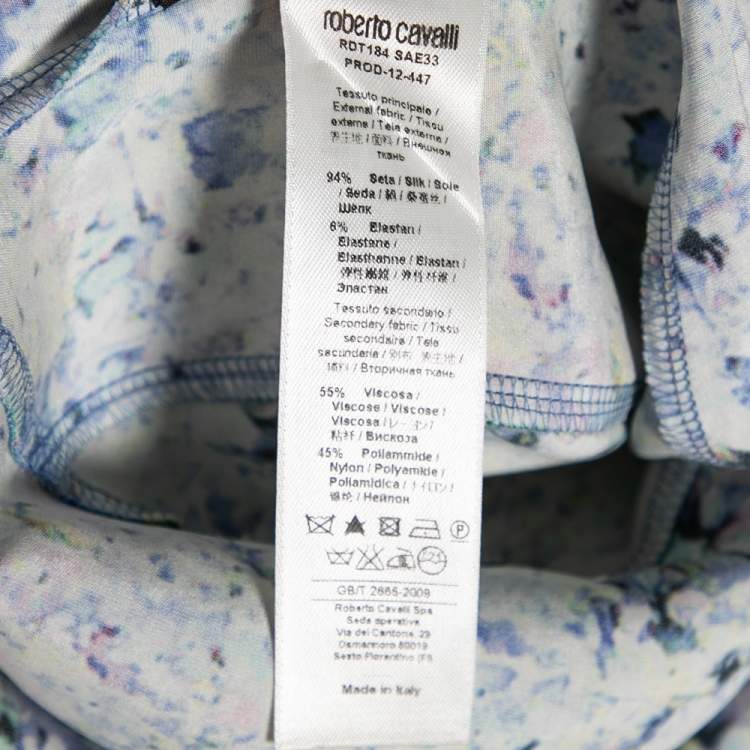 Pre Owned Roberto Cavalli Multicolored Printed Silk Lace Trimmed Dress M