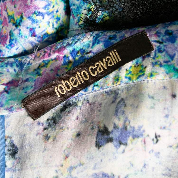 Pre Owned Roberto Cavalli Multicolored Printed Silk Lace Trimmed Dress M