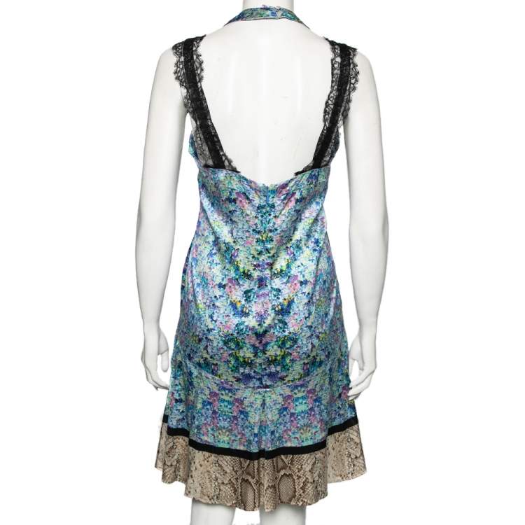 Pre Owned Roberto Cavalli Multicolored Printed Silk Lace Trimmed Dress M