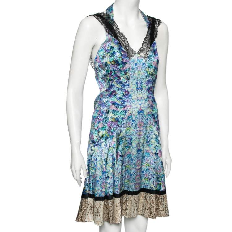 Pre Owned Roberto Cavalli Multicolored Printed Silk Lace Trimmed Dress M