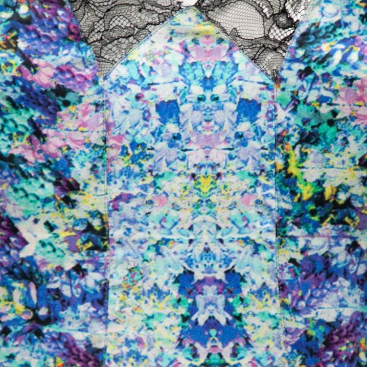 Pre Owned Roberto Cavalli Multicolored Printed Silk Lace Trimmed Dress M