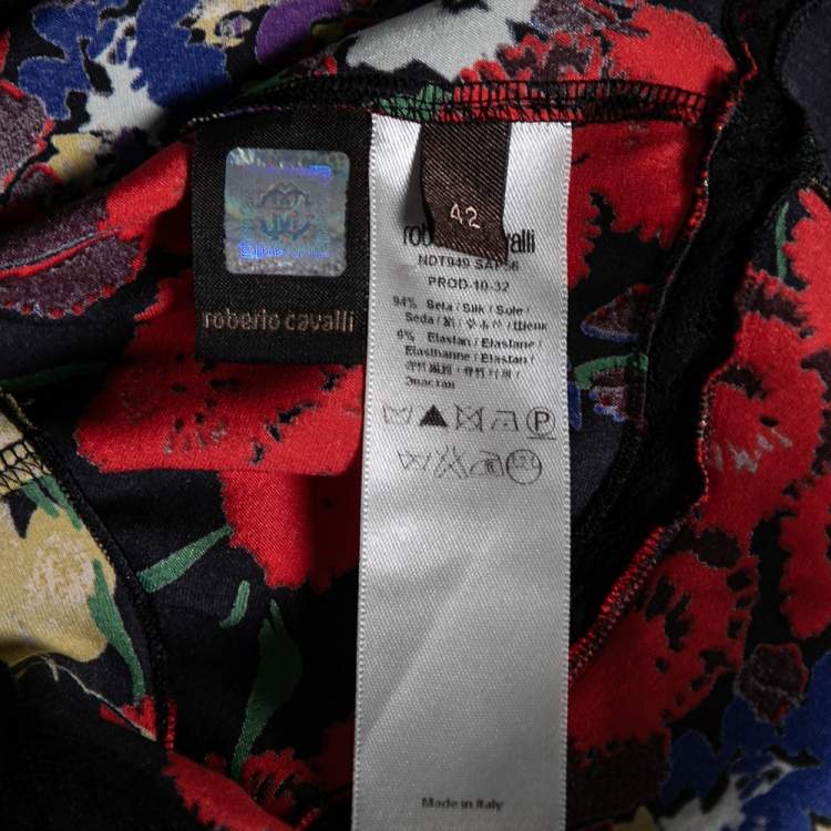 Pre Owned Roberto Cavalli Black Floral Printed Silk Lace Panel Dress M