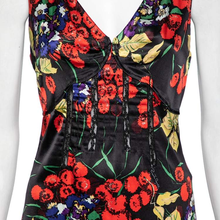 Pre Owned Roberto Cavalli Black Floral Printed Silk Lace Panel Dress M