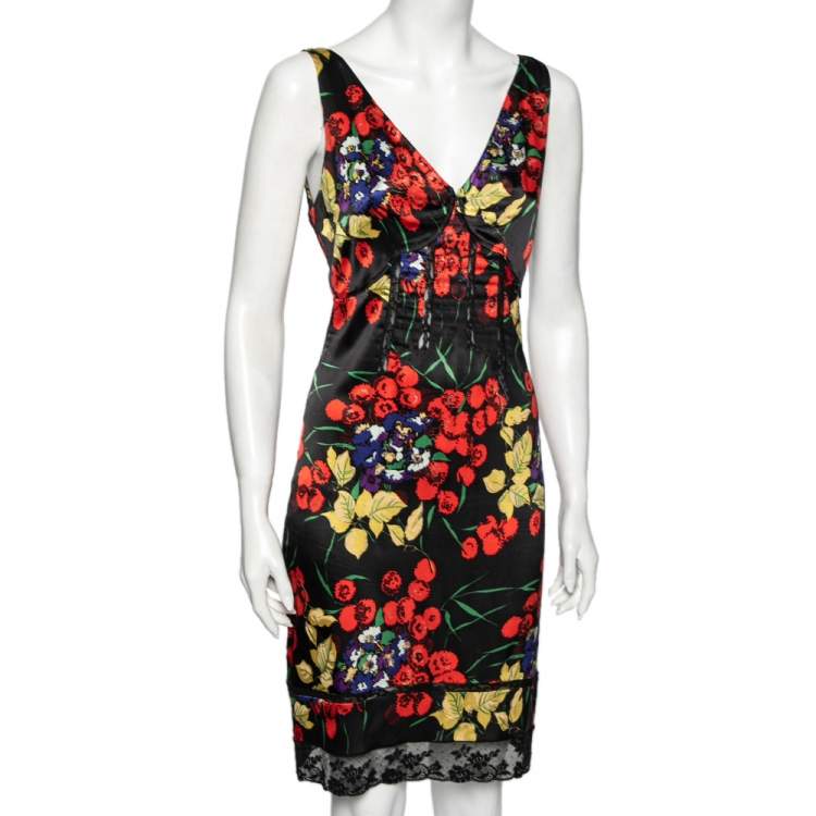 Pre Owned Roberto Cavalli Black Floral Printed Silk Lace Panel Dress M