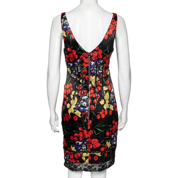 Pre Owned Roberto Cavalli Black Floral Printed Silk Lace Panel Dress M