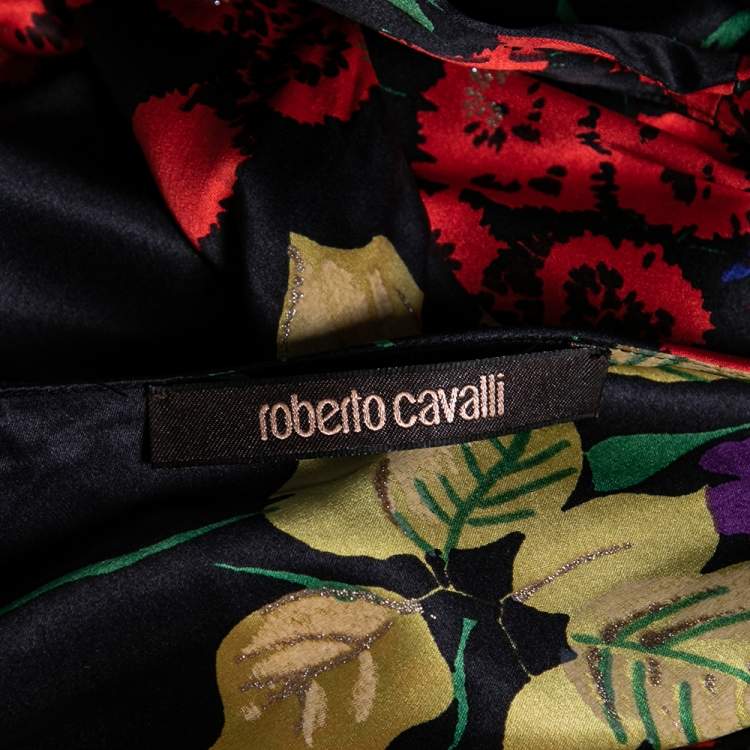 Pre Owned Roberto Cavalli Black Floral Printed Silk Lace Panel Dress M