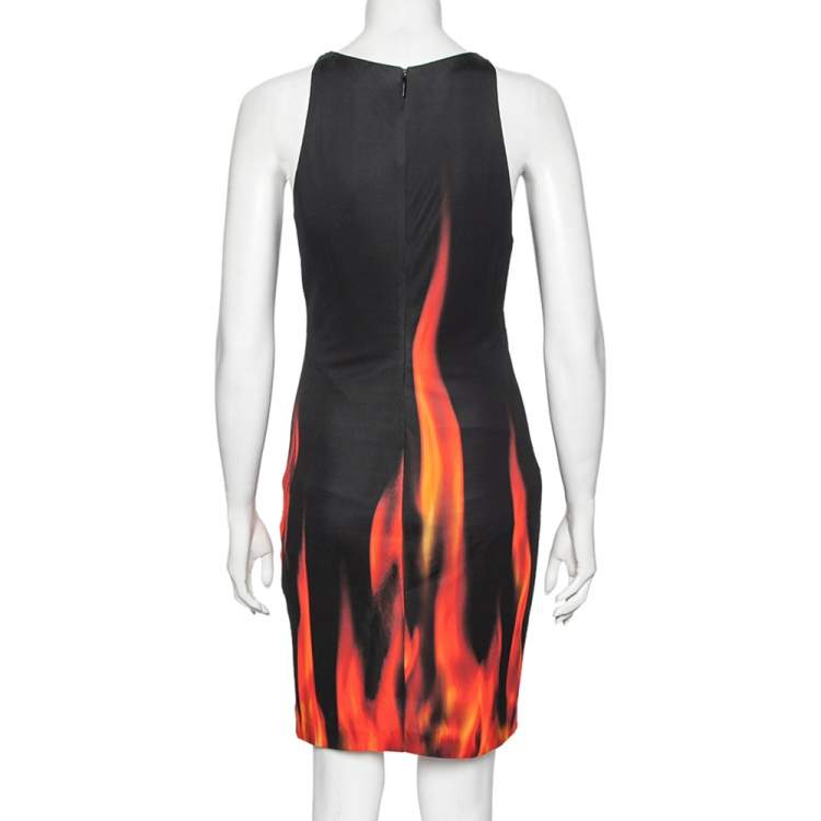 Pre Owned Roberto Cavalli Black Fire Printed Jersey Embellished Neck Dress M